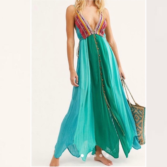 Free People l Teal Blue Bohemian Scarf Maxi Dress Music Festiva Whimsical Small - Picture 10 of 10